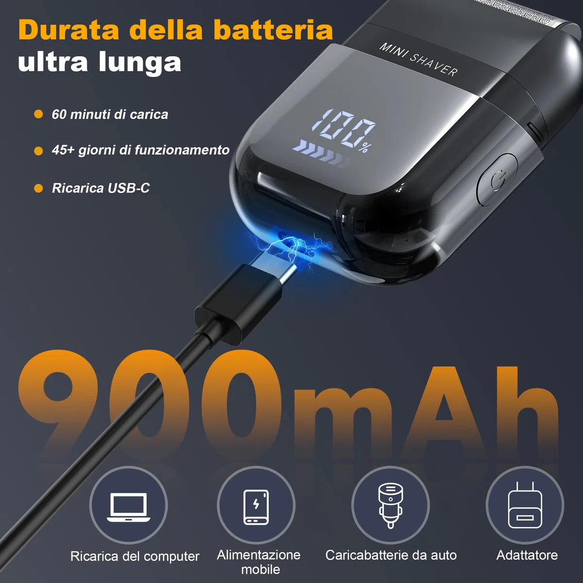 Mini Rasoio Elettrico Barba con Display LED, Rasoio Elettrico Uomo Impermeabile IPX7, Portatile Silenzioso e Lavabile