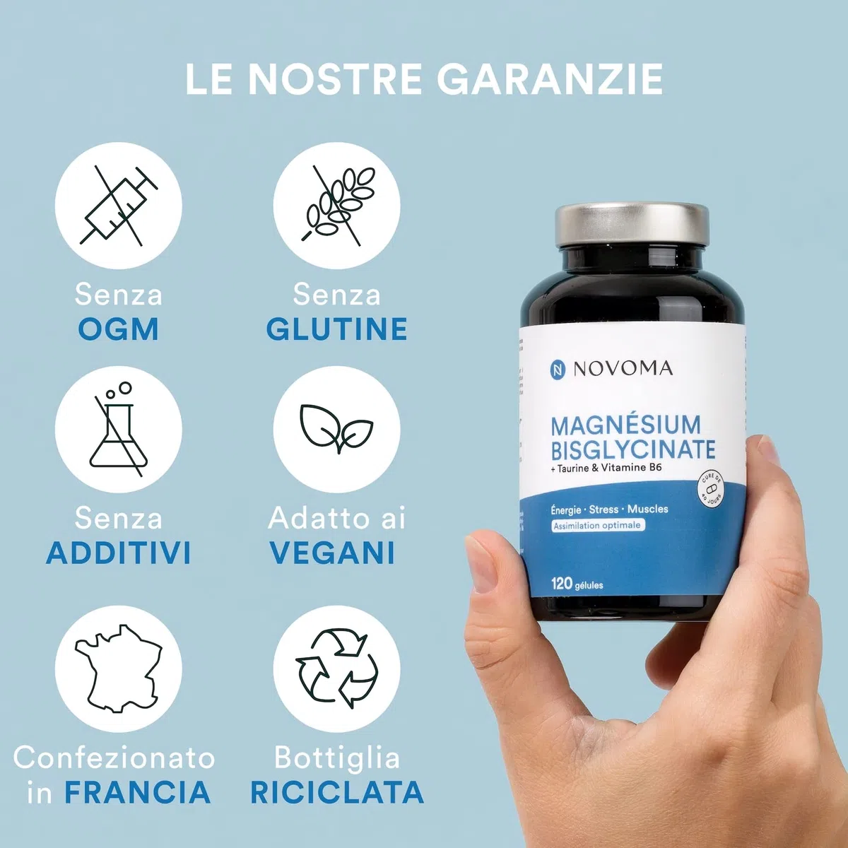 NOVOMA Magnesio Completo, Magnesio Bisglicinato Con Taurina e Vitamina B6, Dosaggio Potente & Alta Biodisponibilità, Contro lo Stress e la Stanchezza, 120 capsule Vegane