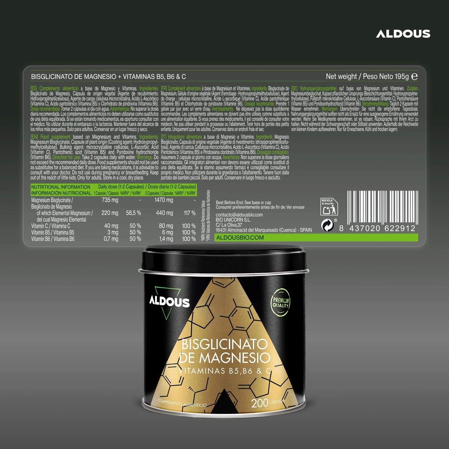 Magnesio Bisglicinato – 200 Capsule – Vitamina C, B6, B5 – Magnesio Altamente Biodisponibile – Vitamine per la Stanchezza e l’Affaticamento – Ossa e Articolazioni, Muscoli – Magnesio Glicinato