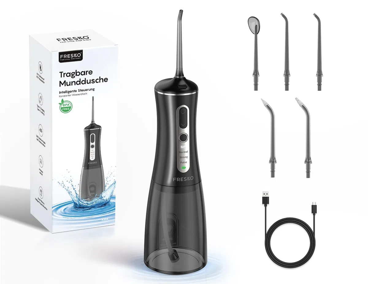 FRESKO Idropulsore Dentale Portatile, 300ML Irrigatore Orale con 4 Modalità 45-105PSI, Batteria 2600mAh, Impermeabile IPX7, 5 Punte per Apparecchi e Impianti