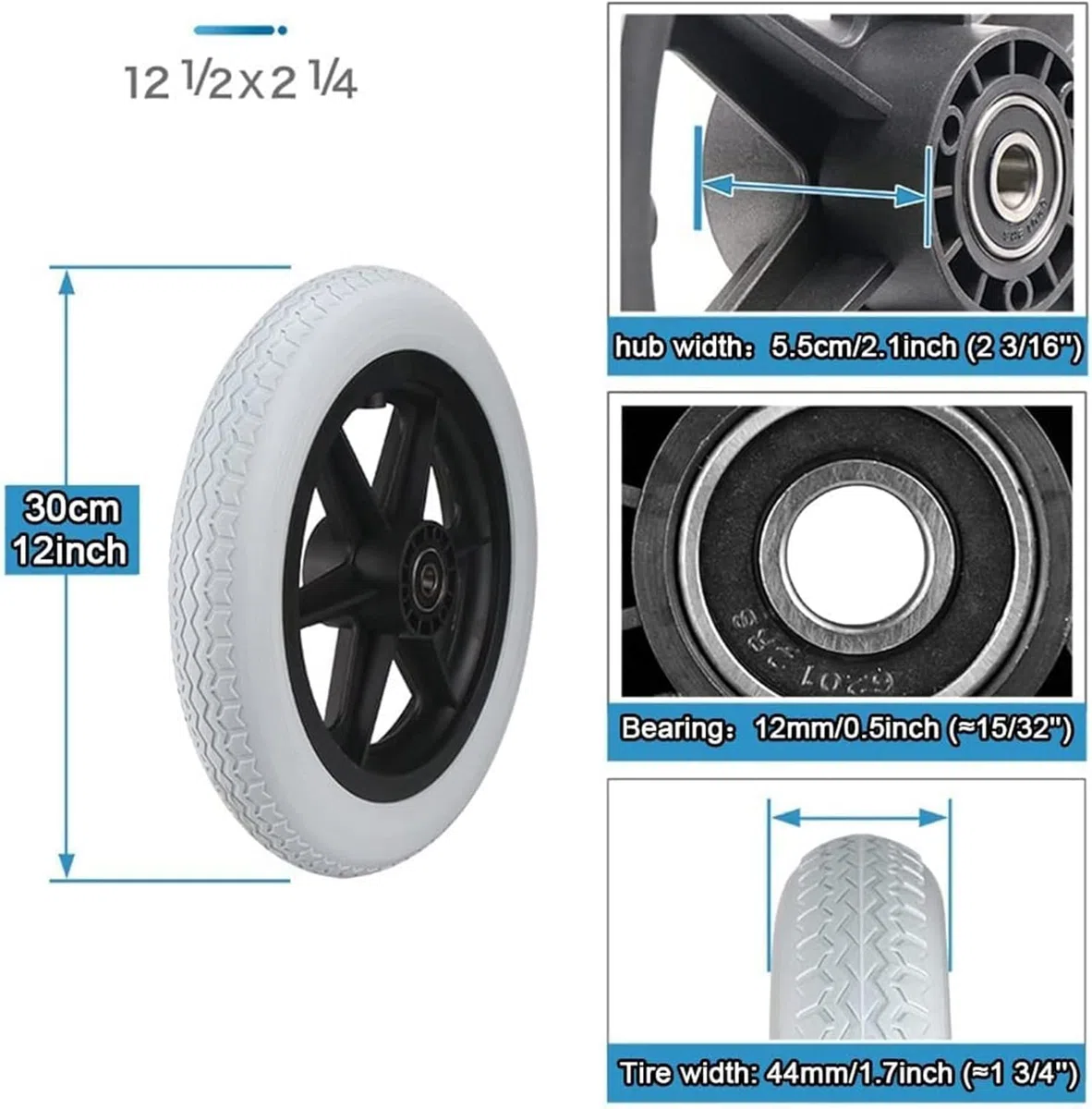 NLAVW Assemblaggio Ruote Posteriori per Sedia a rotelle 12 Pollici, 12 1/2 x 2 1/4, 2PC Ruote di Ricambio Pneumatico Solido Grigio, Accessori per Ruote Posteriori