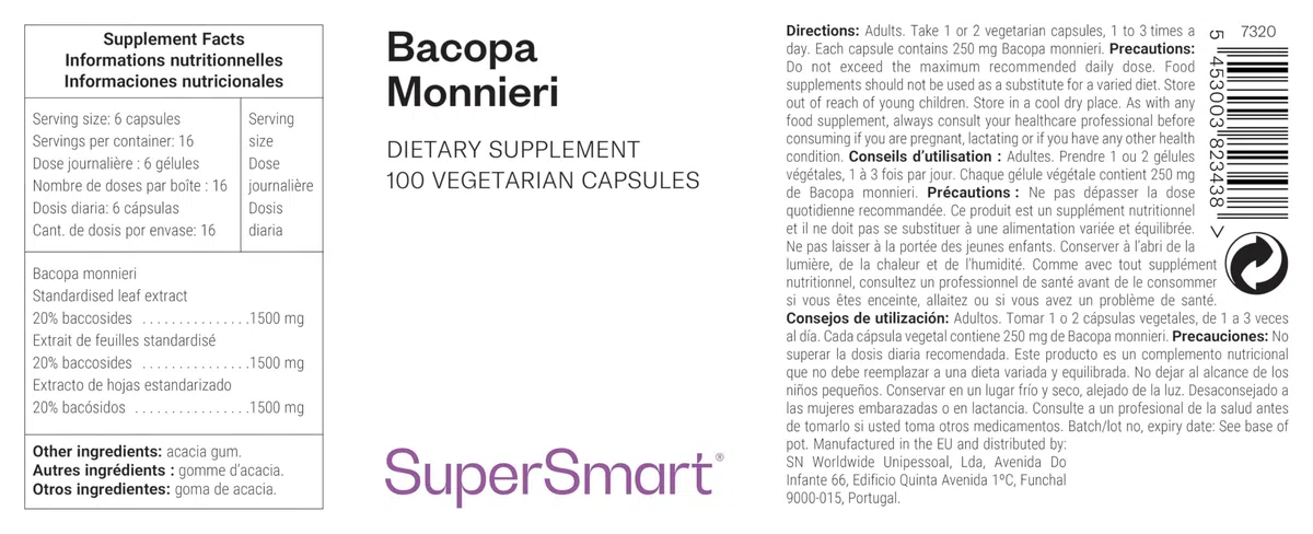 Bacopa Monnieri - Estratto concentrato di foglie di Baccoside (50%) - Contribuisce a migliorare la memoria, la capacità di apprendimento e l'elaborazione delle informazioni - SuperSmart