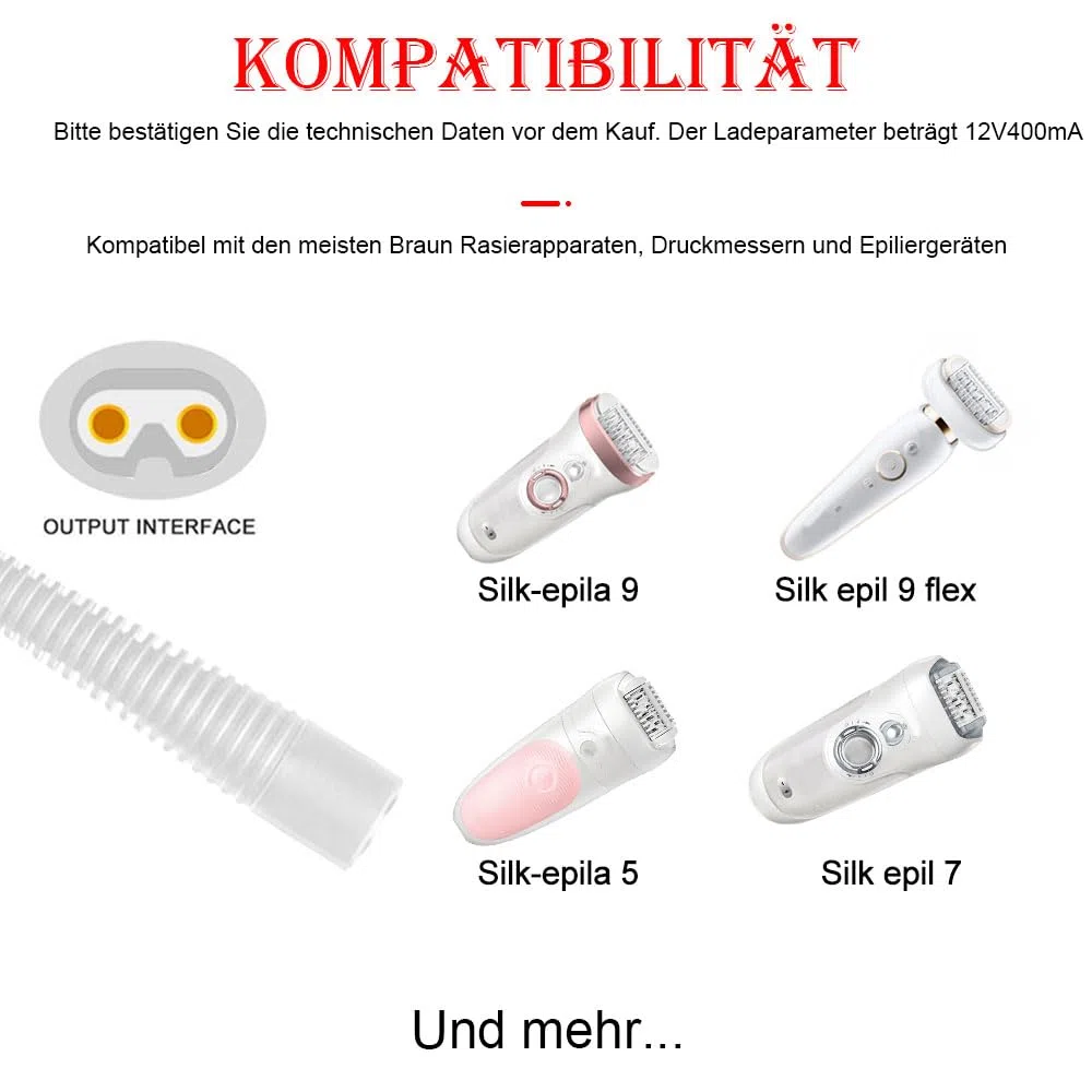 MEROM Caricatore Rasoio Cavo di Alimentatore Ricambio 12V 0.4A per Braun Silkèpil Serie épil 9 Flex épil 9 épil 5 épil 7 5376 7781 Caricabatterie Caricabatteria