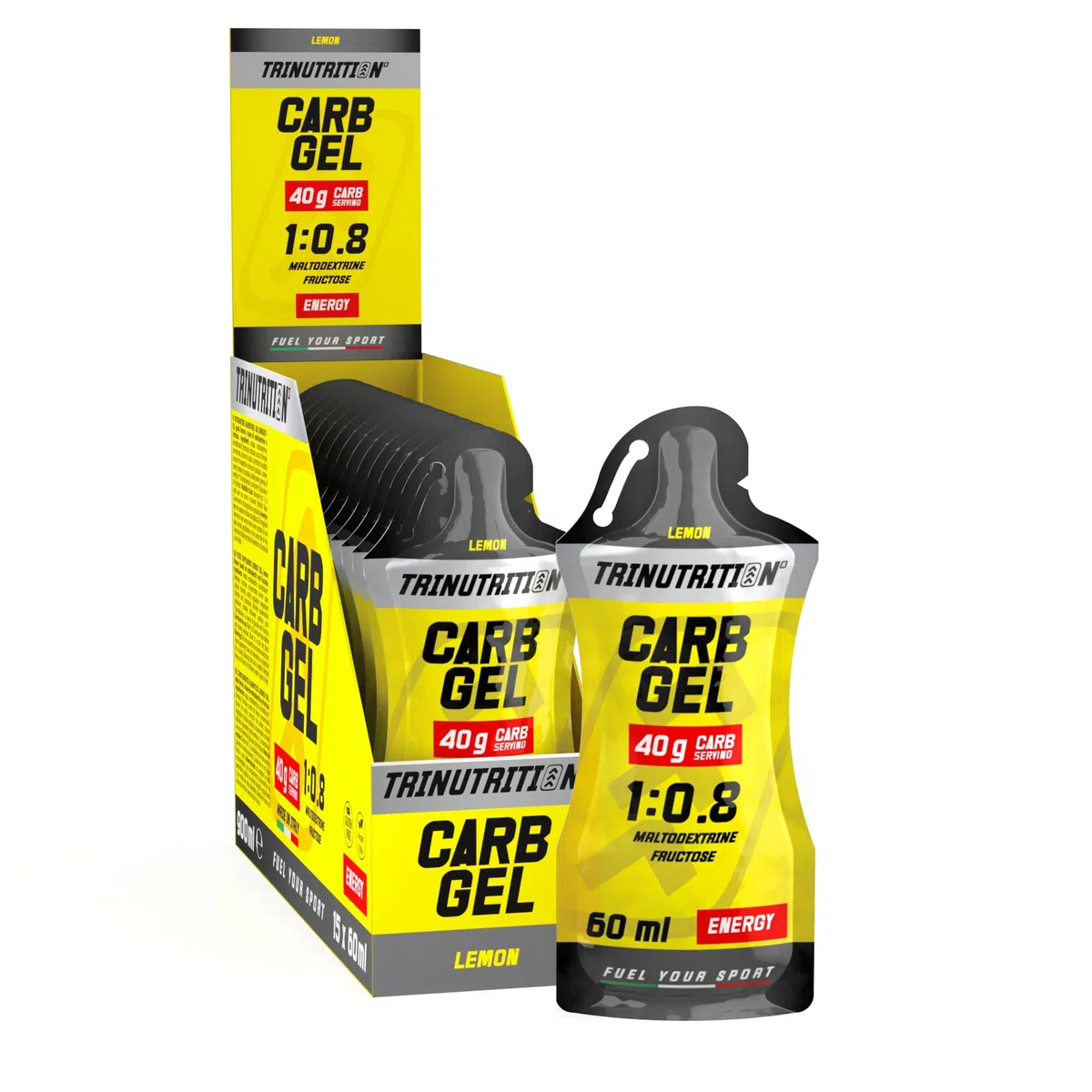 CARB GEL, Gel energetico, 15 x 60ml, 40g di Carboidrati, rapporto 1:0,8 con Maltodestrine e Fruttosio, Gusto Lemon, Gel per ciclismo corsa endurance, Senza Glutine, Vegan