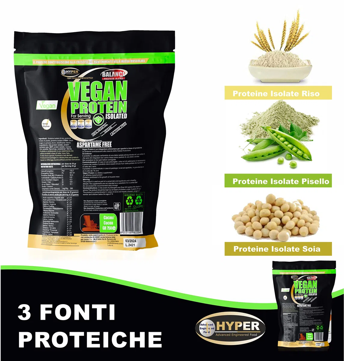 Hyper Vegan Protein Proteine Vegane da Fonti Vegetali (Proteine Isolate Soia Riso Pisello) Rilascio Graduale (gr 750 cacao)