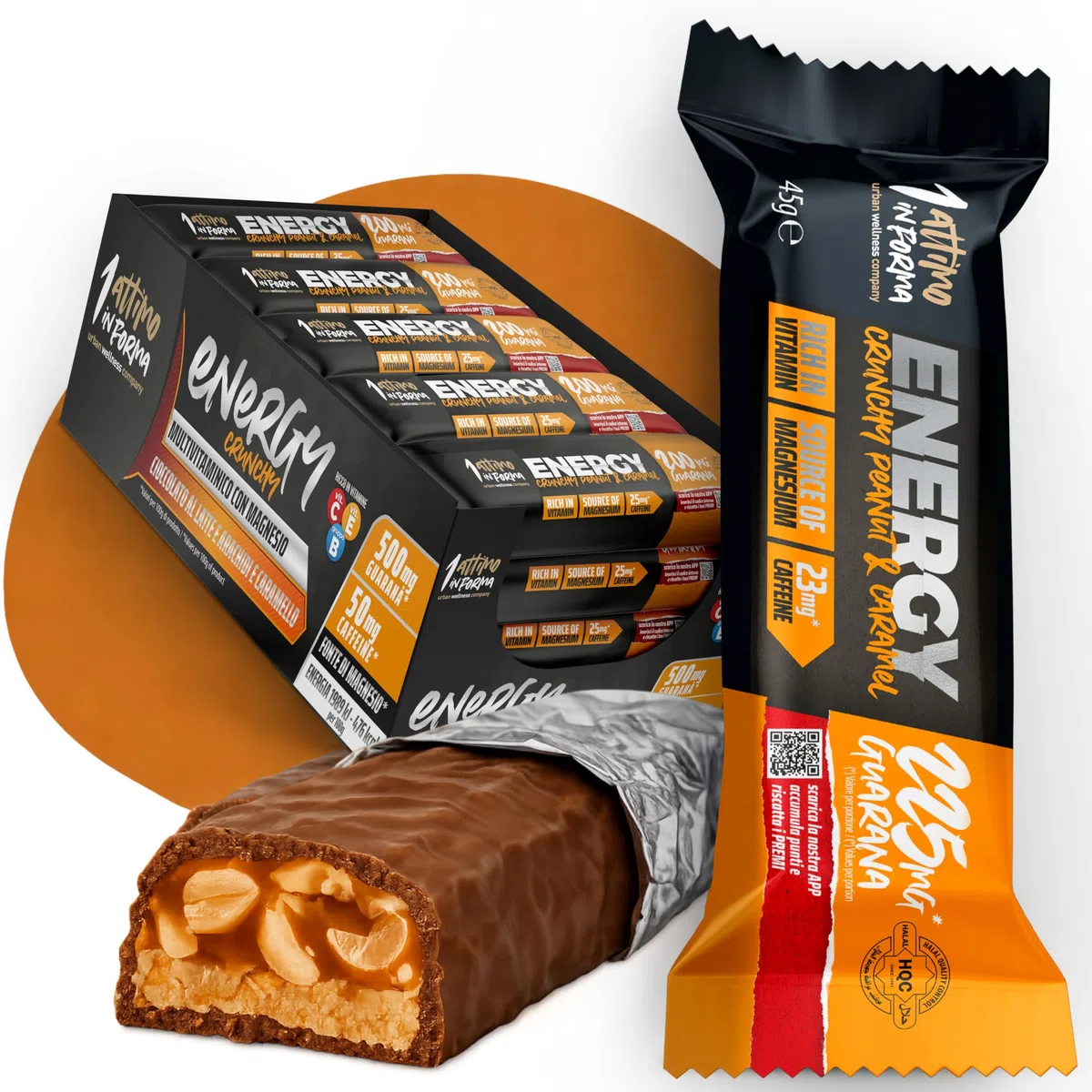 1 ATTIMO IN FORMA Barrette Energetiche Crunchy 24x45g Cioccolato al Latte, Arachidi e Caramello, Barretta Energetica con Magnesio, Vitamine e Guarana Barrette Cioccolato per Sport e Ciclismo