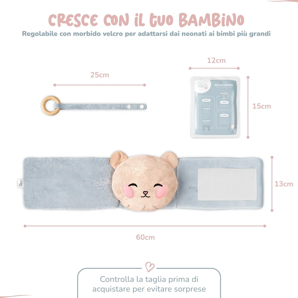 Borsa dell'Acqua Calda per Bebè Anti Coliche – Caldo & Freddo – Allevia Dolori & Gonfiori – CE – Impacco di Argilla, Anello da Dentizione Incluso, Fascia Peluche per Neonati e Lattanti