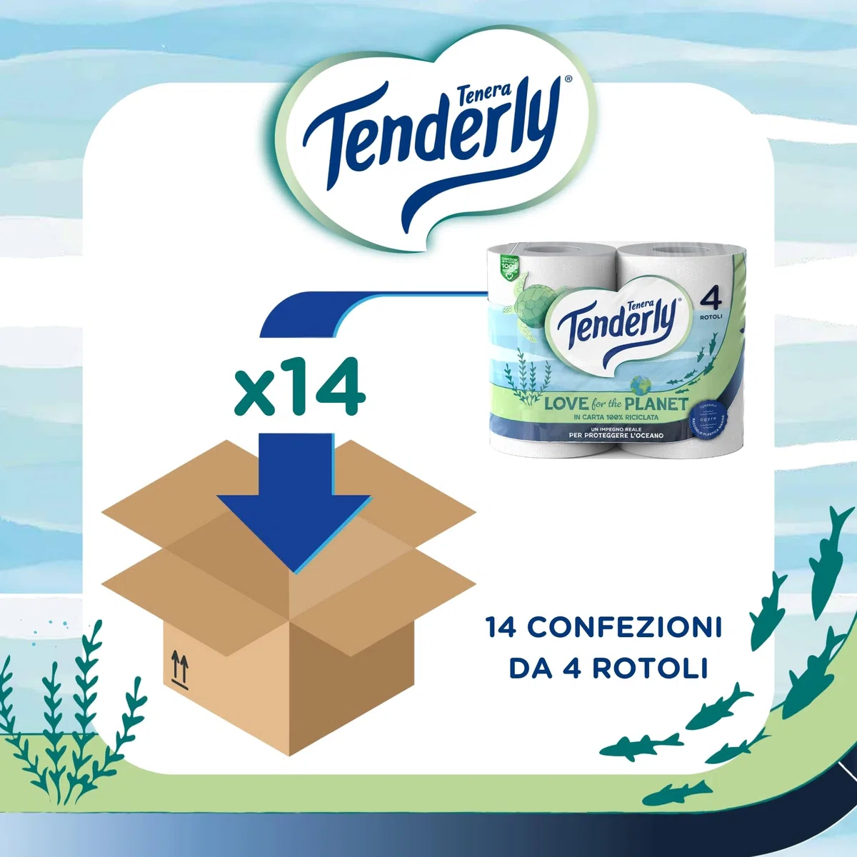 Tenderly Love for the Planet, 56 Rotoli di Carta Igienica (14 conf. da 4 rotoli), Cellulosa 100% Riciclata, Dermatologicamente Testato, Made in Italy