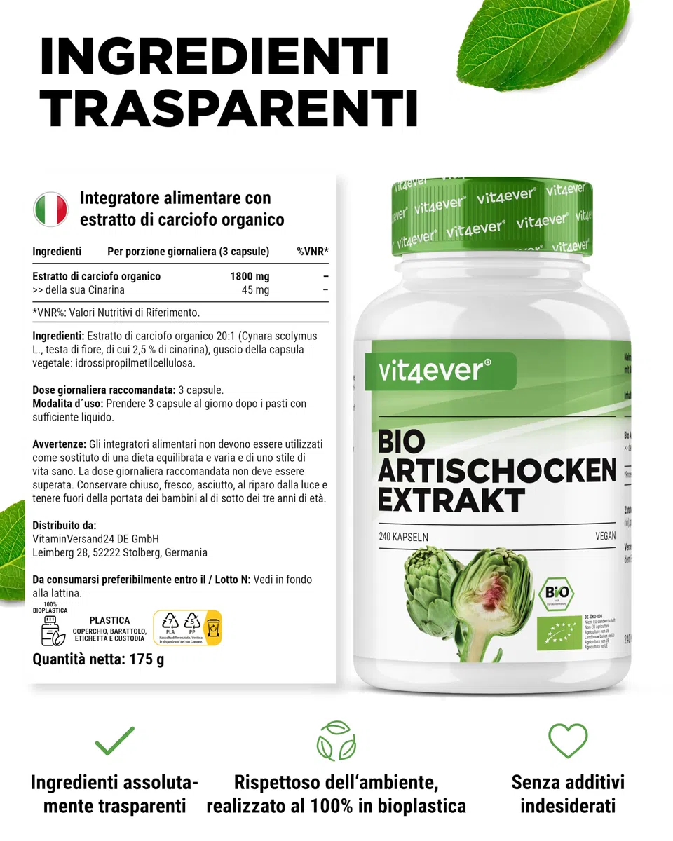 Estratto di carciofo Qualità biologica - 240 capsule - 1800 mg per dose giornaliera (2,5% cinarina) - Vero estratto 20:1 - Dose elevata - Vegan