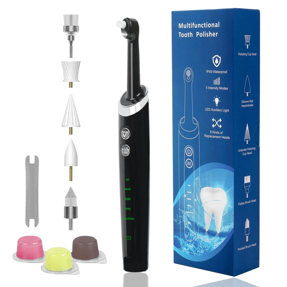 Pulitore Dentale Multifunzionale, Lucidatore Elettrico Professionale con LED, Impermeabile IPX6, Kit per Rimozione Tartaro e Placca, Bianco e Nero (Nero)