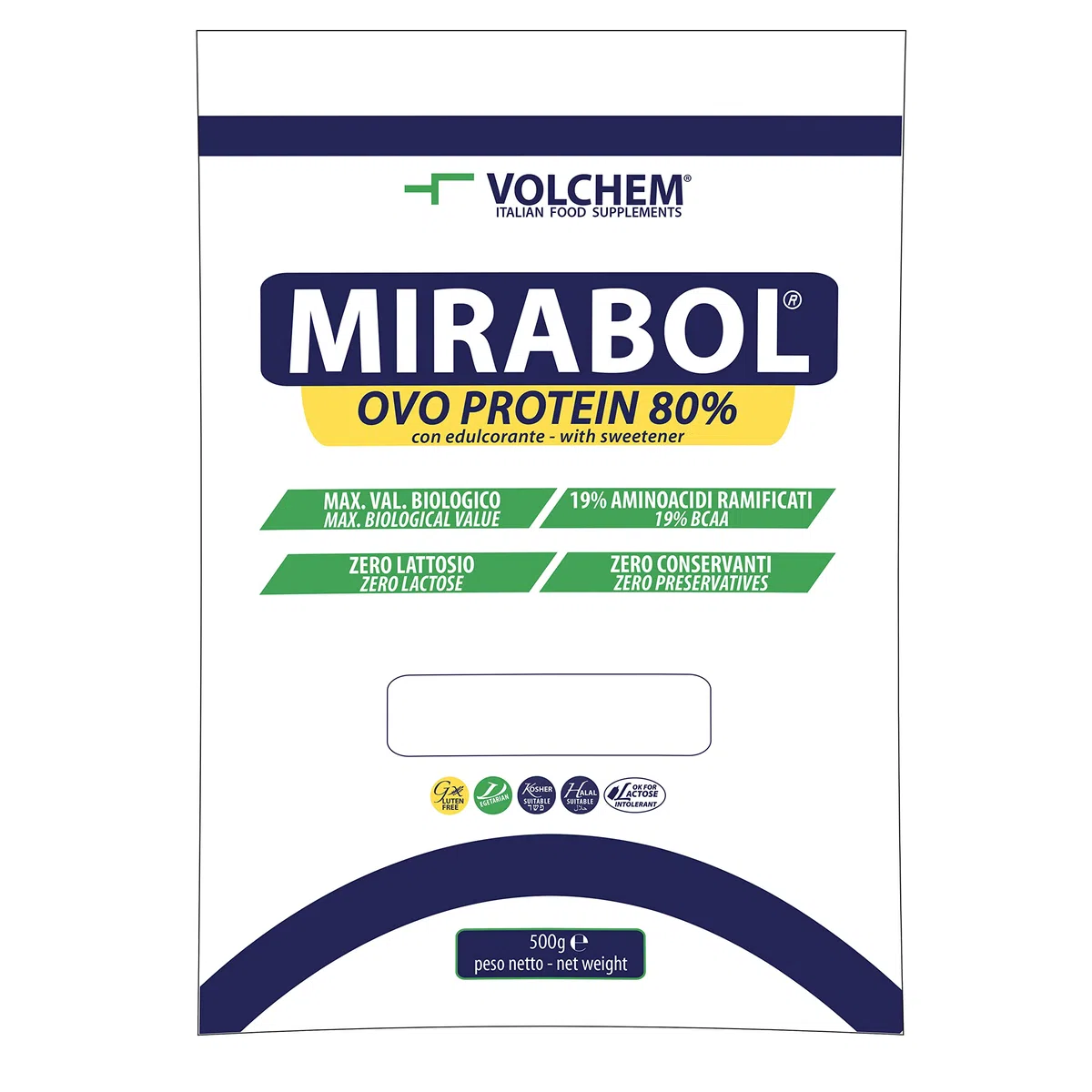 Volchem Mirabol Ovo Protein 80, Integratore Alimentare con Proteine dell'Uovo, 80% Purezza, 19% Aminoacidi Ramificati, Senza Lattosio e Conservanti, Busta con Polvere Solubile, Gusto Crema, 500 g