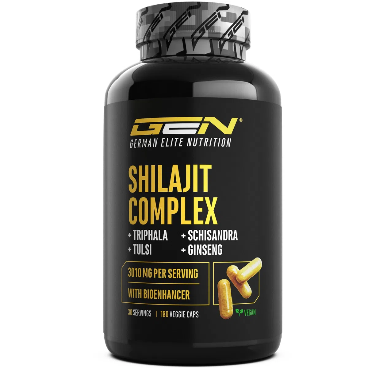 Shilajit Complex - 180 capsule - Altamente dosato con 3010 mg per dose giornaliera - Con ginseng, schisandra, triphala, estratto di tulsi, 50% di acido fulvico e 12% di acido umico - Vegano