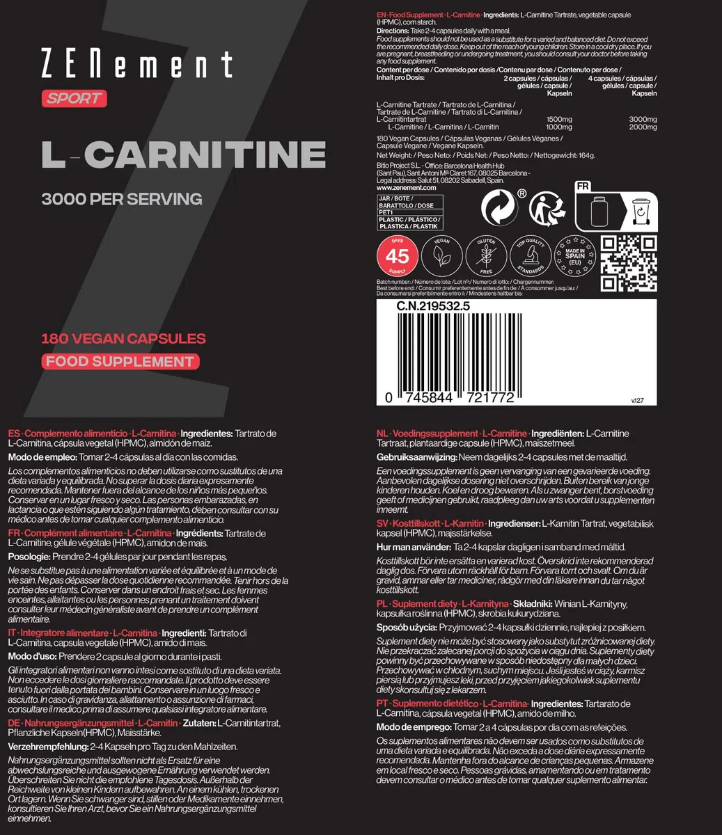 L-Carnitina 1500 mg – 180 Capsule ad Alto Dosaggio – Per uno Stile di Vita Attivo – Capsule Vegane, Senza Glutine, Lattosio e Soia – Integratore per Sportivi – Zenement
