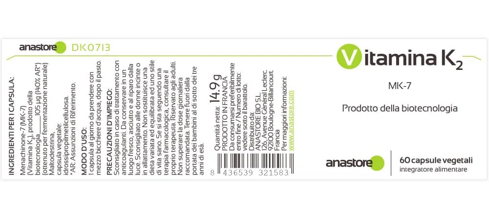 VITAMINA K2 * 105 μg / 60 capsule * Articolazioni (cartilagine, infiammazione), Cardiovascolare (circolazione), Ossatura * Vegano * Ottenuta mediante fermentazione naturale (MK-7)