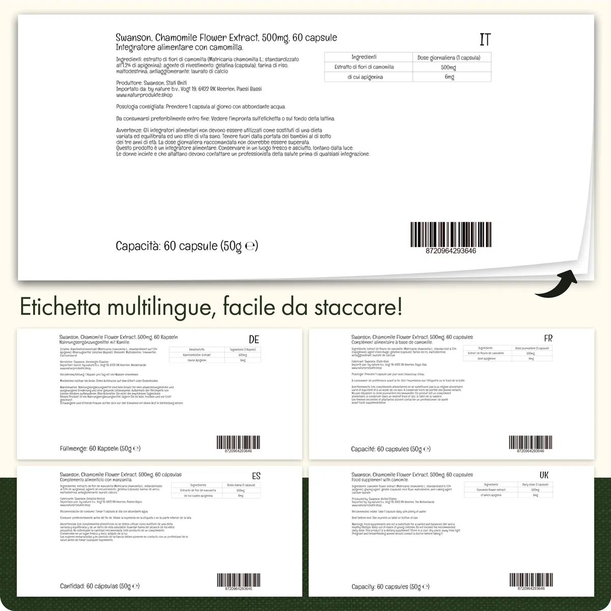 Swanson, Chamomille Flower Extract (Estratto di Fiori di Camomilla), 500 mg, Altamente Dosato, 60 Capsule, Testato in Laboratorio, Senza Soia, Senza Glutine, Non OGM