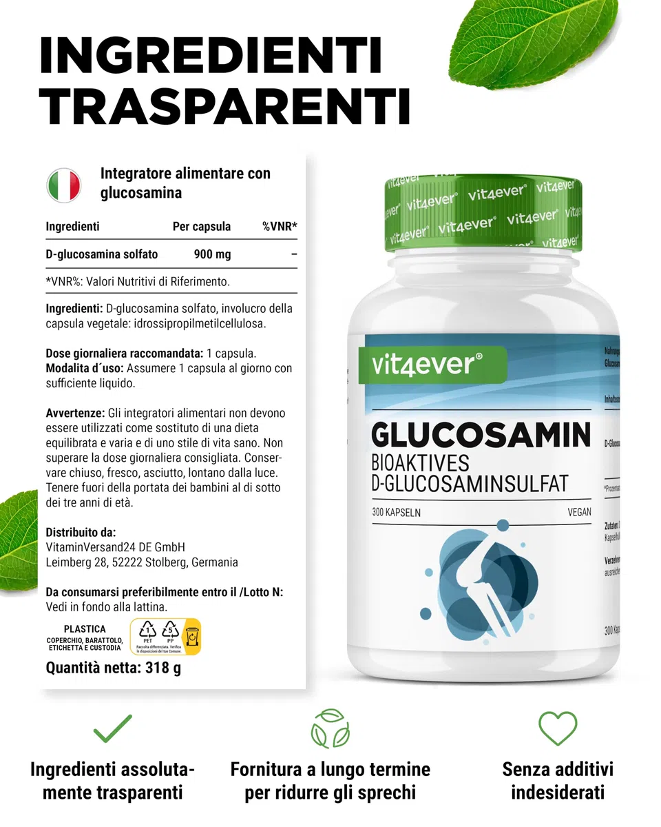 Glucosamina 900mg - 300 capsule - solfato di D-glucosamina bioattivo da fermentazione - senza additivi indesiderati - dose elevata - vegano