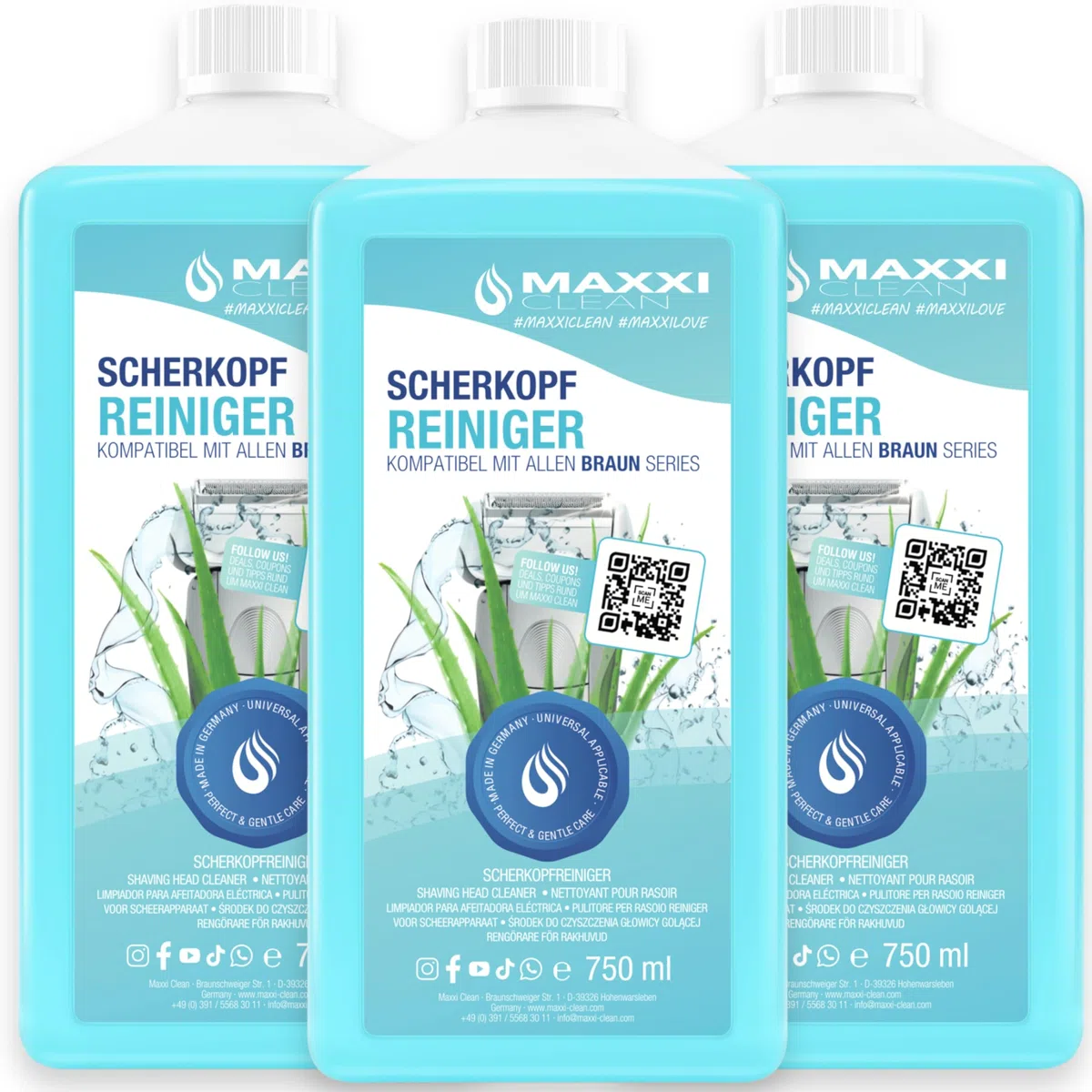Maxxi Clean | 3 x 750 ml di liquido di ricarica per cartuccia di pulizia, liquido detergente compatibile con stazione di pulizia marrone, spray detergente con profumo di aloe vera