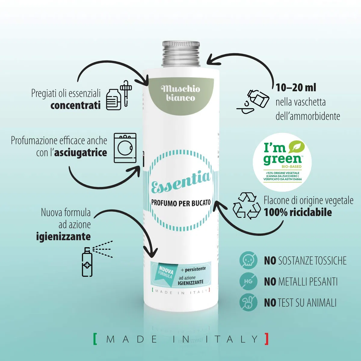 ESSENTIA Profumo per Bucato con Igienizzante, Essenza Profuma Bucato, Profumatore Bucato per Lavatrice con Estratti di Oli Essenziali Naturali (Muschio Bianco, 500 ml, confezione da 1)