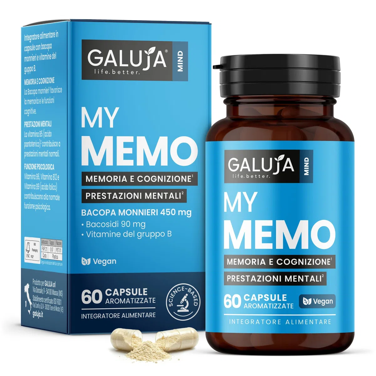 My Memo - Integratore Memoria e Cognizione - Bacopa Monnieri 450 mg (Bacosidi 90 mg) - 60 giorni (60 caps) - Vegan, senza glutine e lattosio, aroma pesca - Vitamine B5 B6 B12 Folato