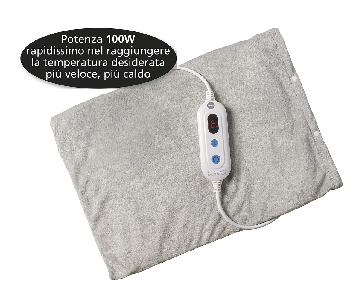 MACOM, Termoforo, Riscaldamento Ultra Rapido, 100W, 6 intensità di calore, morbido e sfoderabile, Dimensione 40X30 cm, Enjoy & Relax 934 Caldus Plus