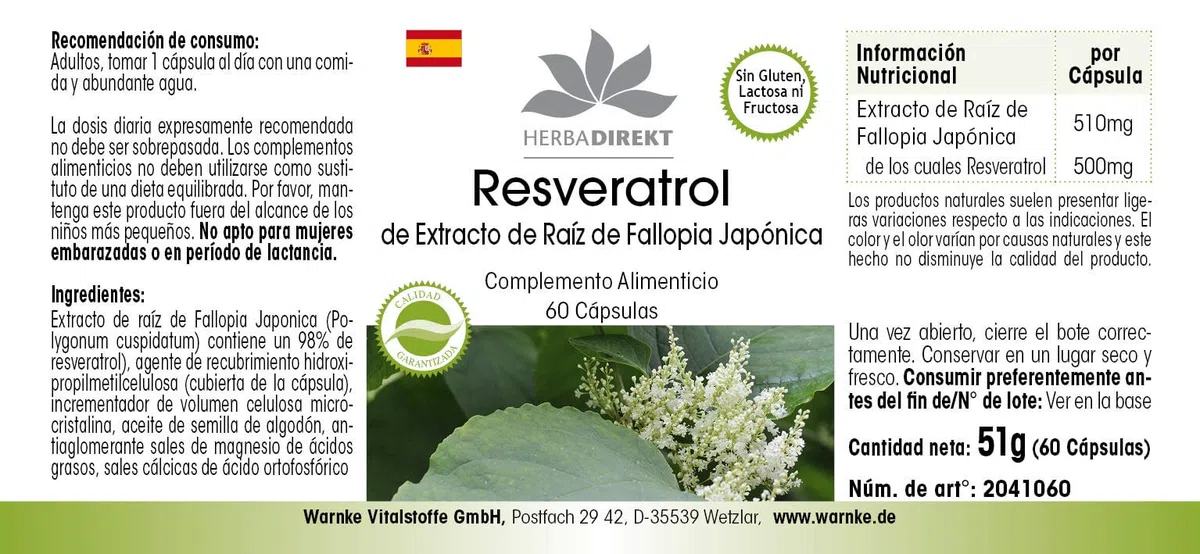 Resveratrolo 100% 500mg - Estratto di Fallopia Japonica - 60 Capsule - Vegan | HERBADIREKT by Warnke Vitalstoffe - Qualità da farmacia tedesca