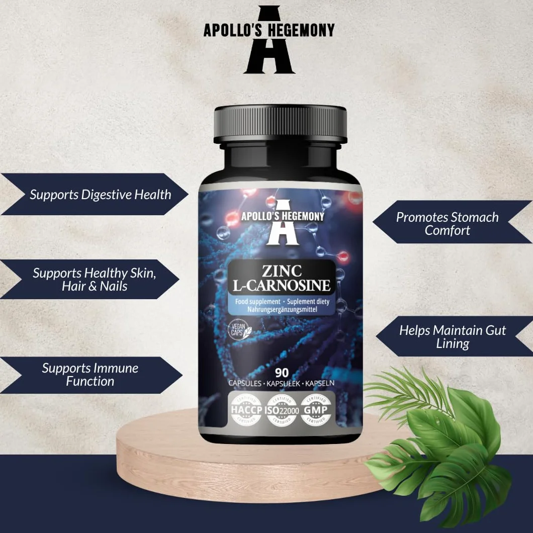 Zinco L-Carnosina 37,5 mg per capsula - 90 capsule vegane - 3 mesi di fornitura - Per la salute di pelle, capelli e unghie - Integratore da Apollo's Hegemony