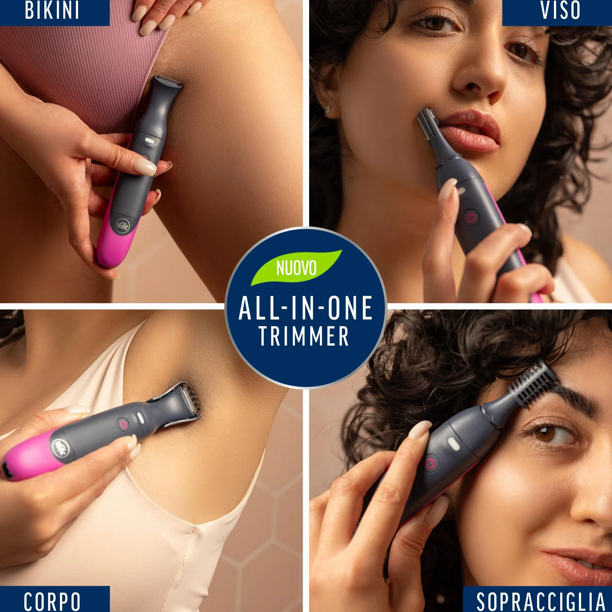 Veet Expert All-In-One Trimmer, Rasoio elettrico donna, Viso e parti intime, 100% waterproof, 2 testine e 3 pettini, Rasatura ad alta precisione, Cordless + Strisce Depilatorie viso Pelli Sensibili