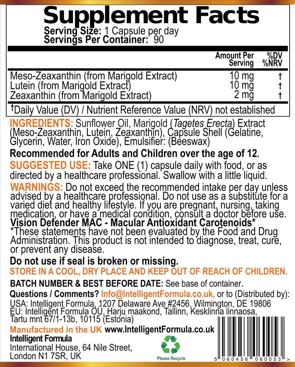 Vision Defender MAC Vitamine per gli Occhi – Carotenoidi Tripli: Luteina 10mg, Zeaxantina 2mg & Meso-Zeaxantina10 mg – Supporto Vista & Salute Oculare – 90 Capsule – Prodotto nel Regno Unito