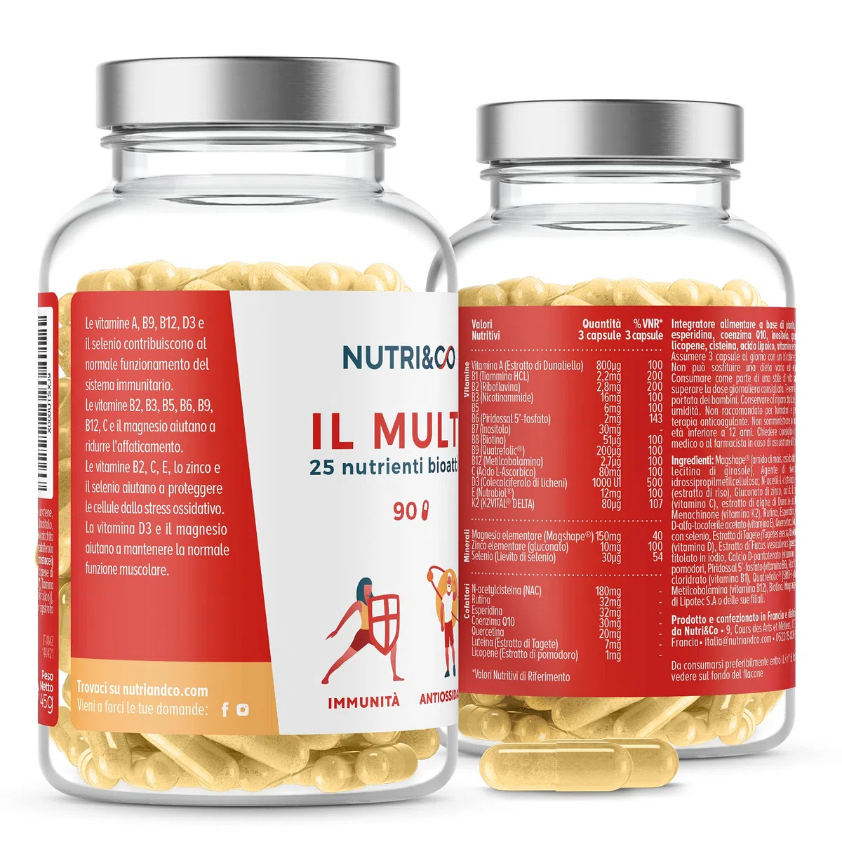 NUTRI & CO Multivitaminico Multiminerale - 25 Vitamine e Minerali con Vitamina A B C D3 E K2, Zinco, Magnesio, Coenzima Q10 - Integratore Multivitaminico Completo per Uomo e Donna - 90 Capsule