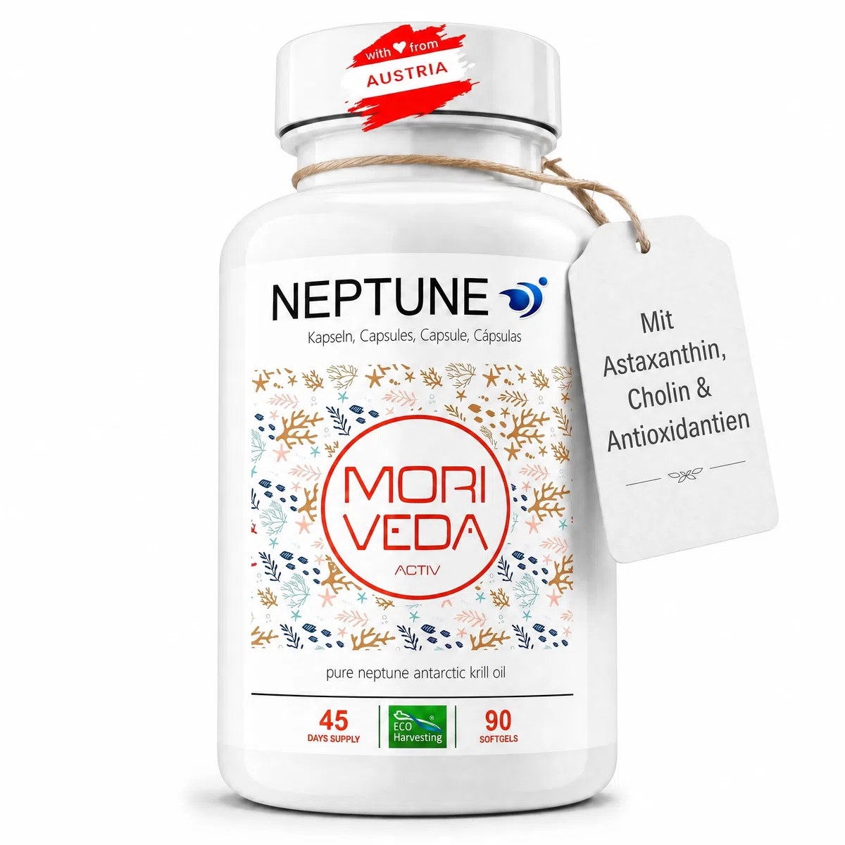 MoriVeda Neptune Capsule di olio di krill, Omega 3-6-9 EPA DHA Antiossidanti, vitamina E, colina, fosfolipidi, elevata biodisponibilità, 90 pezzi