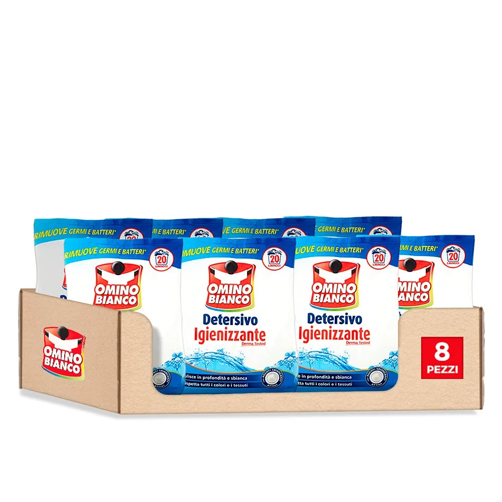 Omino Bianco - Detersivo Lavatrice in Polvere, 160 Lavaggi, Igienizzante con Antibatterico, Rimuove Germi e Batteri, 1100 gr x 8 Pezzi