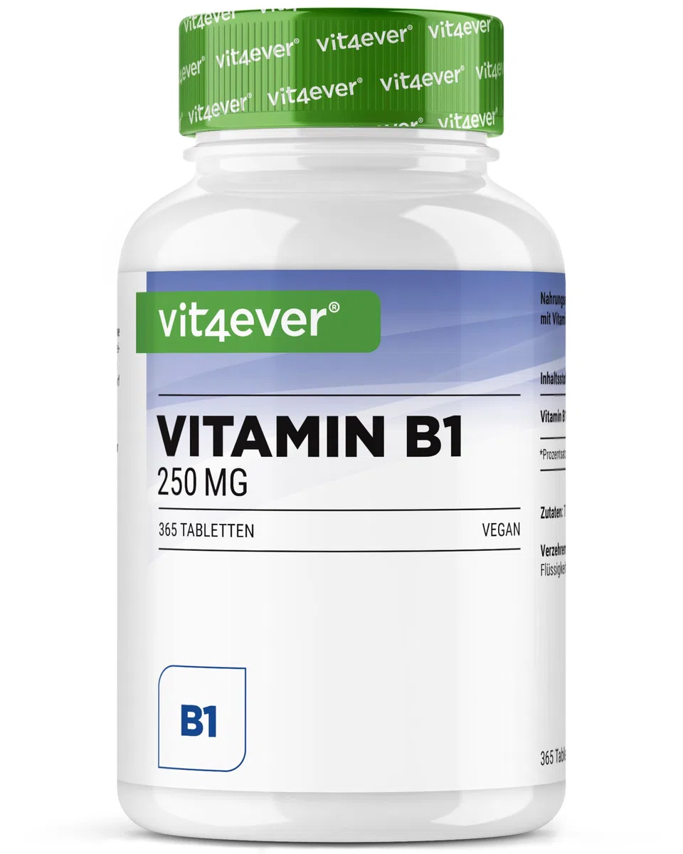 Vitamina B1 (Tiamina) - 250 mg - 365 compresse - Premium: tiamina cloridrato - Elevata biodisponibilità - Fornitura per 12 mesi - Senza additivi indesiderati - Vegan