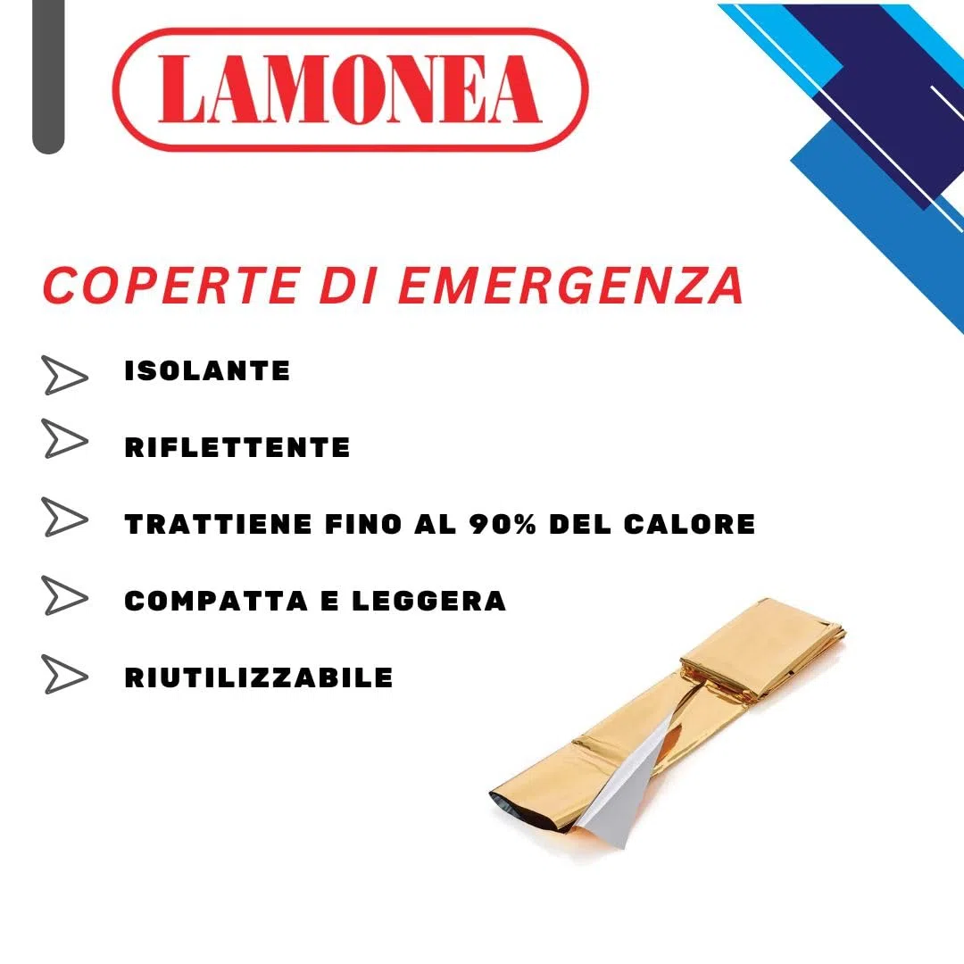 Coperta di Emergenza, Certificato CE - Coperta Termica Antivento, Impermeabile e Riutilizzabile, Colore Oro e Argento, Dimensioni 160 x 210 x 12 cm - LAM/160210