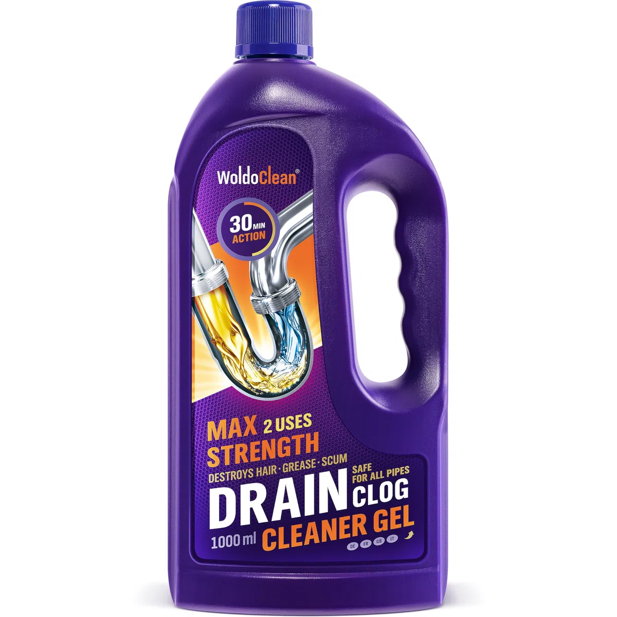 WoldoClean Gel Stura Lavandini e Scarichi 1000ml - Idraulico Liquido Disgorgante Professionale contro Capelli e Grasso, per Doccia e Lavandino, Penetra nell'Acqua Stagnante