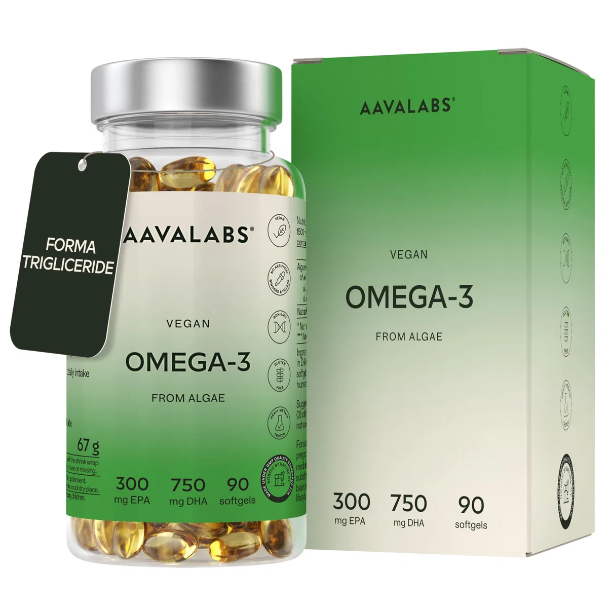 Omega 3 Vegan ad Alta Efficienza [1500 mg] Omega3 con 750mg DHA e 300mg EPA per Dose Giornaliera - Integratore Omega 3 da Olio di Alghe Vegetale Puro Sostenibile - 90 Softgel