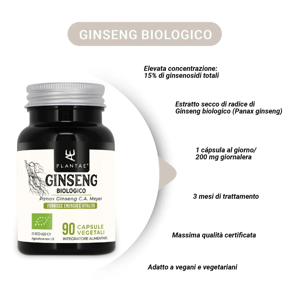 GINSENG BIO * 200 mg / 90 capsule * Titolato al 15% di ginsenosidi totali * Cardiovascolare, Energia, Equilibrio emozionale, Vitalità