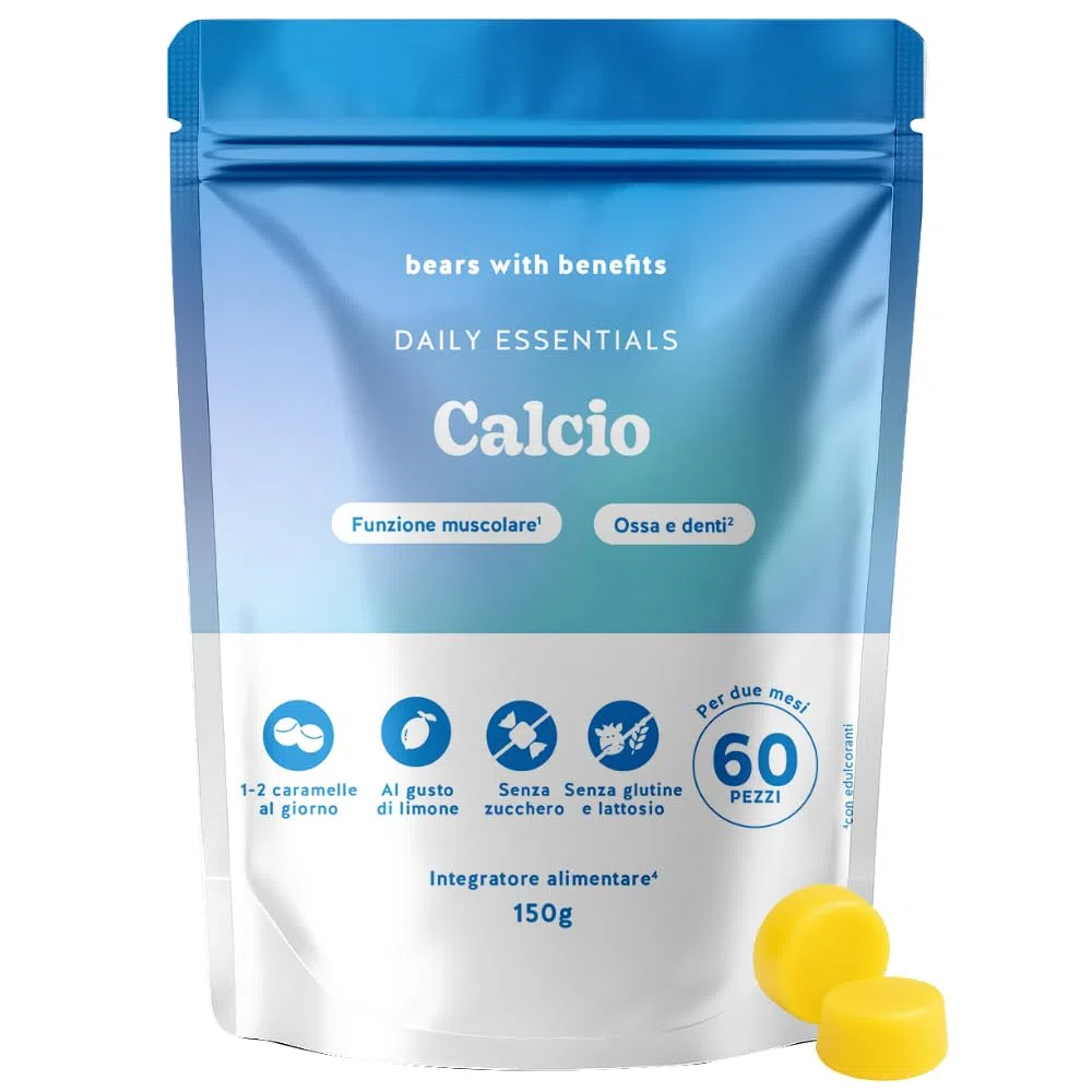 Calcio 500mg Gummies - Daily Essentials - Contribuisce alla Normale Funzione Muscolare, Ossa e Denti - 60 Pezzi (2 mesi) - Senza Zucchero, Vegan - Bears with Benefits