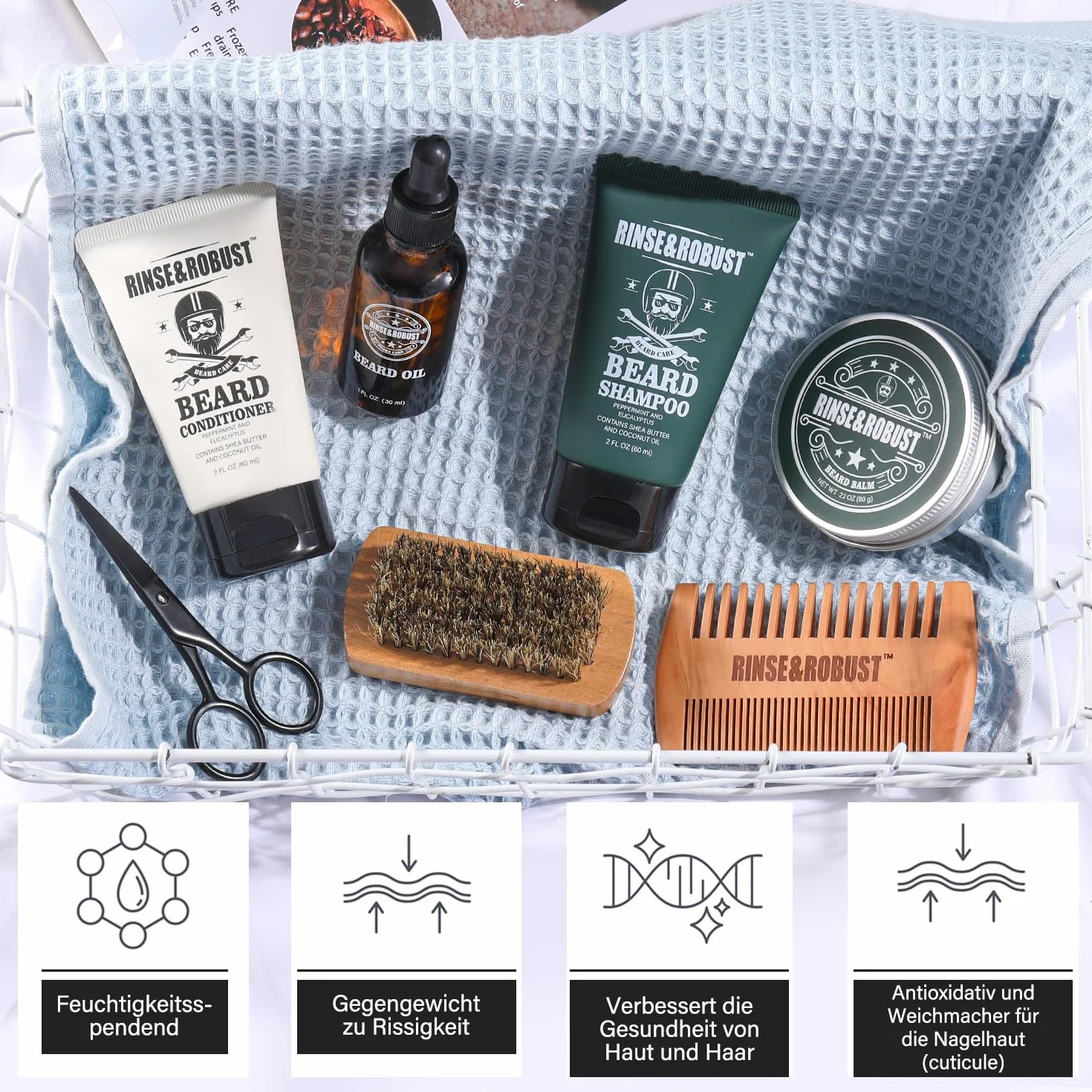 Rinse&Robusto, set per la cura della barba da 8 pezzi, con borsa da viaggio, profumo di eucalipto, spazzola da barba, forbici da barba, shampoo da barba