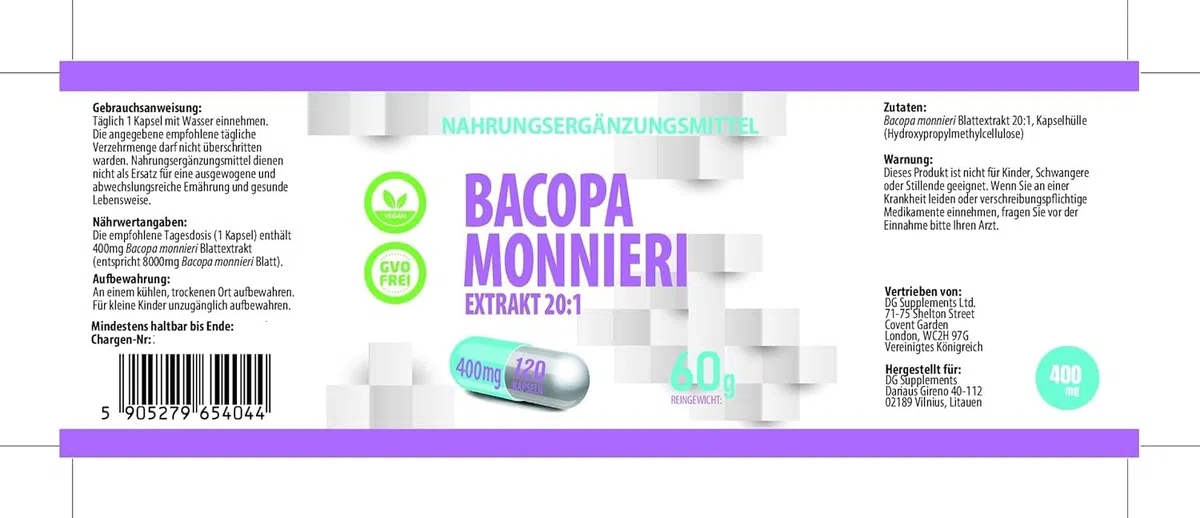 Bacopa Monnieri Brahmi Estratto 8000Mg Equivalente (400Mg Di Estratto 20:1) - 120 Capsule Vegan