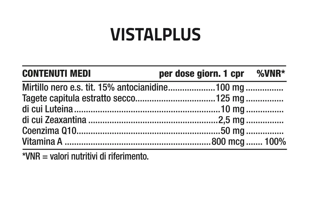 NUTRIVA Vistal Plus è un integratore Alimentare Benessere Vista, Occhi Stanchi e Affaticati, Nutriva Vistalplus, Mirtillo Nero, Q10 e Vitamina A, 30 Compresse, Vegan