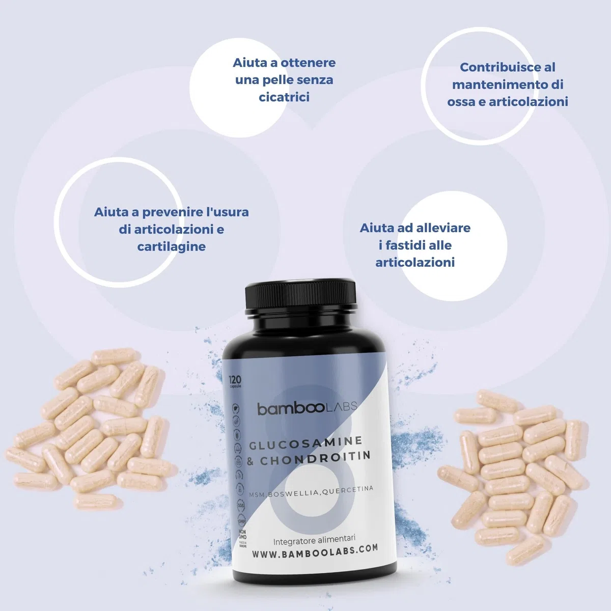 Bamboo Labs - Glucosamina, Condroitina, MSM, Boswellia, Acido Ialuronico e Quercetina, 120 Capsule Articolazioni e Cartilagine Integratori, Antiinfiammatorio Naturale per il Dolore alle Articolazioni