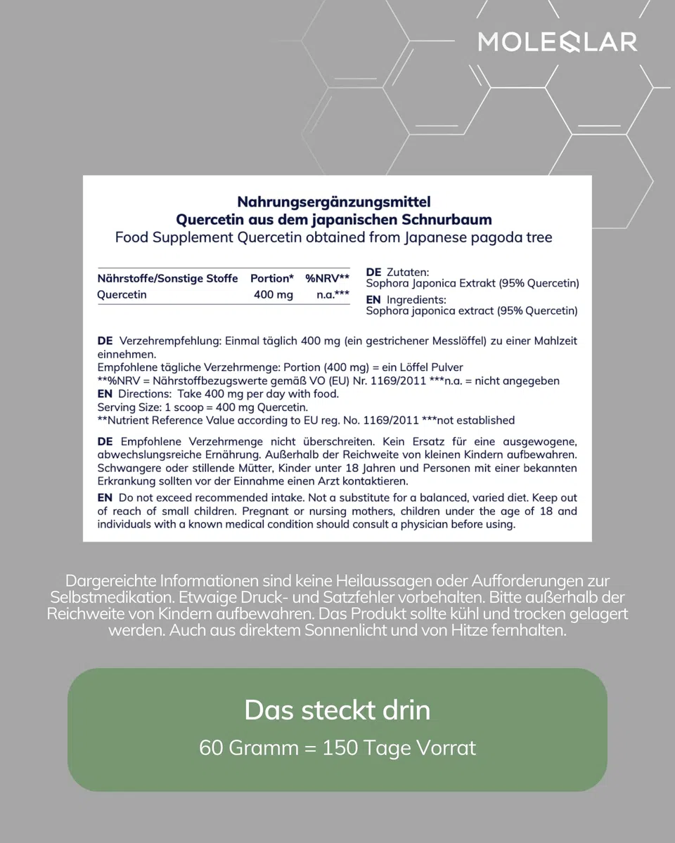 MoleQlar Quercetina polvere di alta purezza – 60 g di quercetina diidrato vegana Premium – 400 mg per porzione – con cucchiaio dosatore – Bioflavonoide vegetale del jap