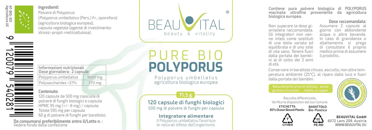 Pure Bio Polyporus capsule 120 x 500 mg polvere fungo polyporus umbellatus da agricoltura biologica UE, vegano, senza additivi artificiali