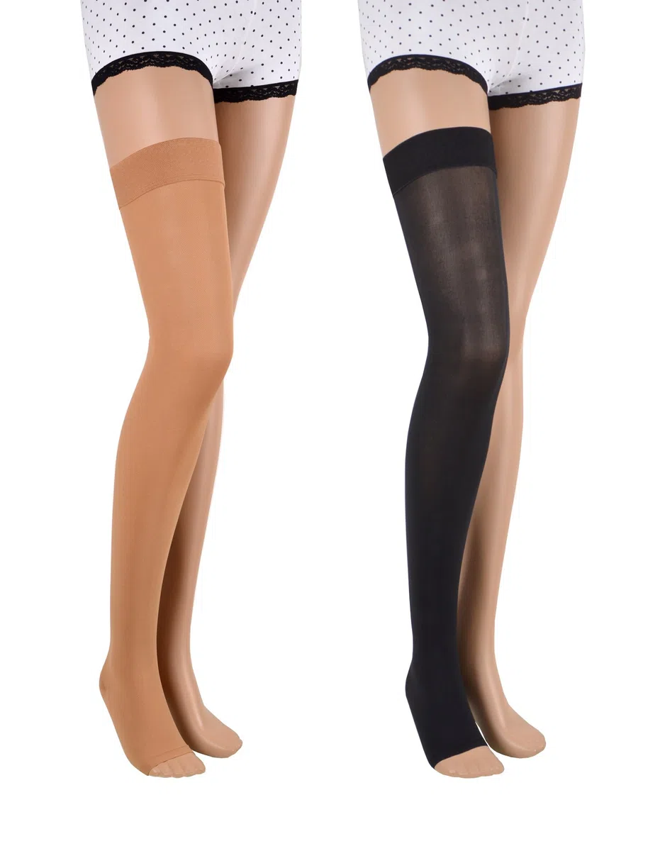 Calze Compressione Medicali Classe 2, 23-32 mmHg, Lunghe, Punta Aperta, Autoreggenti, Donna & Uomo, Calze Contenitive CCL II per Varici (158-170 cm / Small, Beige)