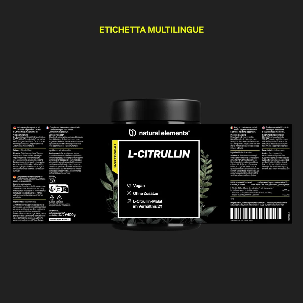 L-citrullina malato in polvere 2:1 – 500 g di polvere – ideale prima dello sport – vegano, elevata purezza, ad alto dosaggio, senza additivi – prodotto e testato in laboratorio in Germania
