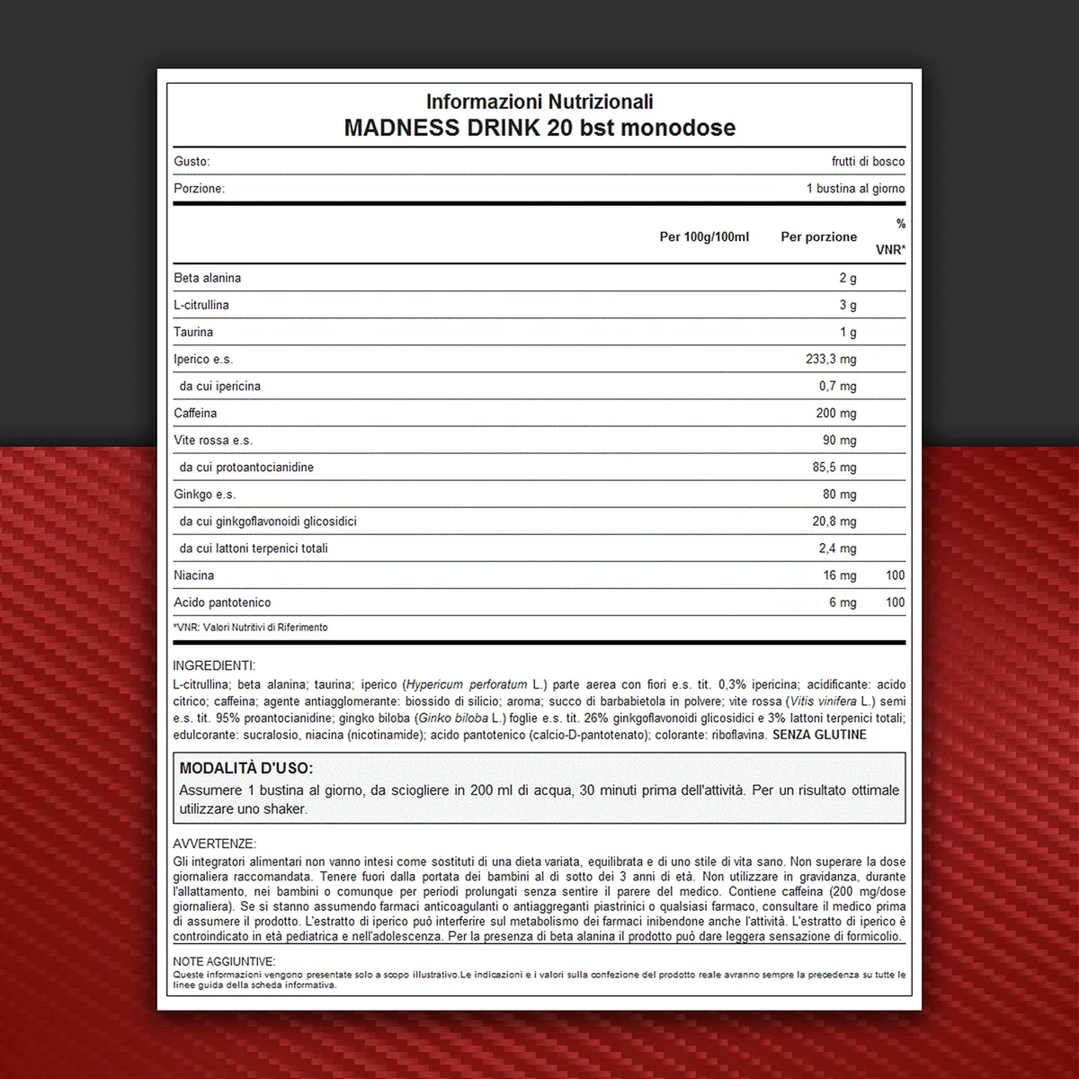 WHY SPORT MADNESS DRINK - Pre Workout - Integratore Alimentare a Base di Aminoacidi e Caffeina - 20 Bustine da 7,3 gr