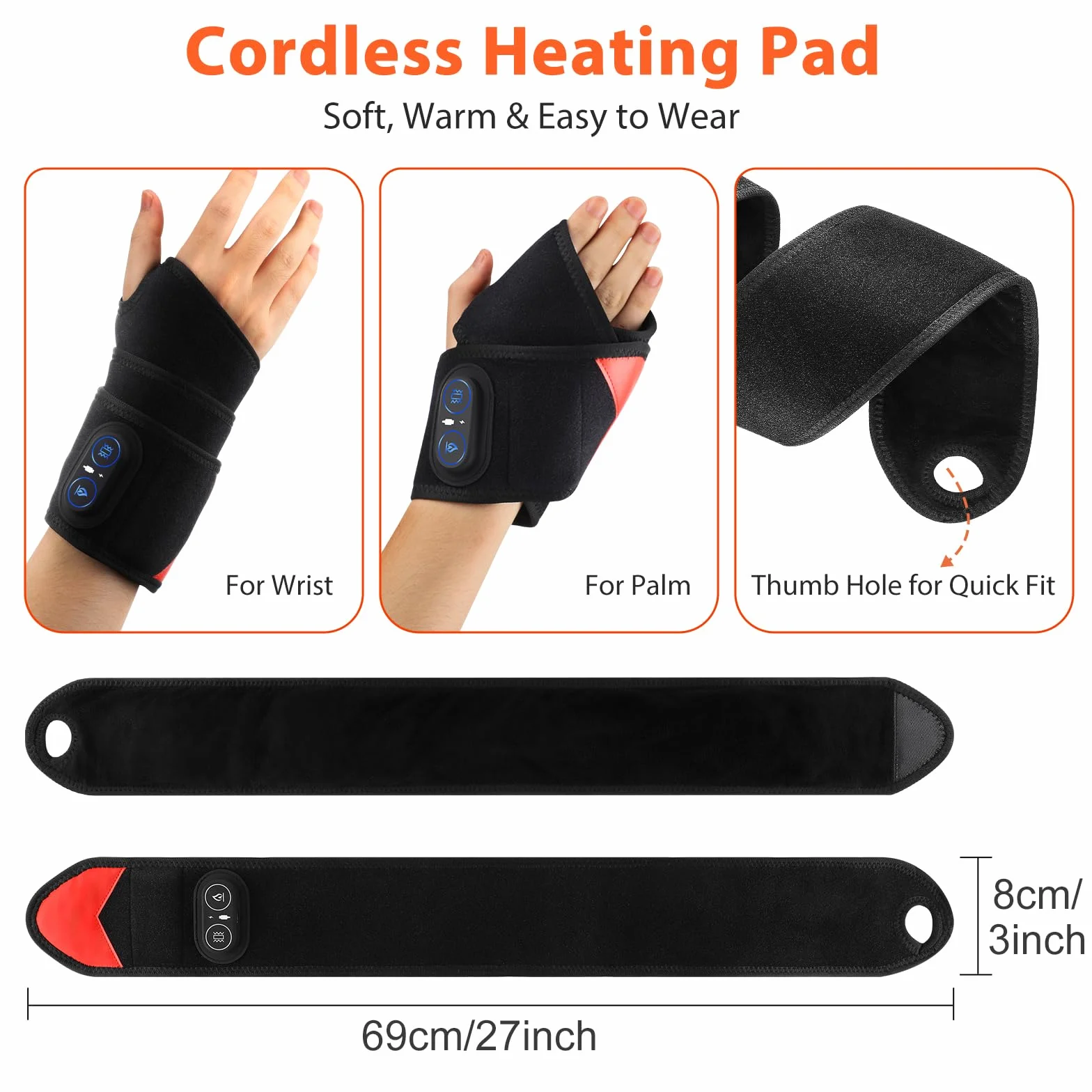 Fascia Riscaldante Per Polso Senza Fili Con Vibrazione, Tutore Riscaldante Per Polso Portatile Con Luce Rossa 660nm, 3 Livelli Riscaldamento, 3 Modalità Vibrazione E Batteria 3000mAh, Lunghezza 69cm