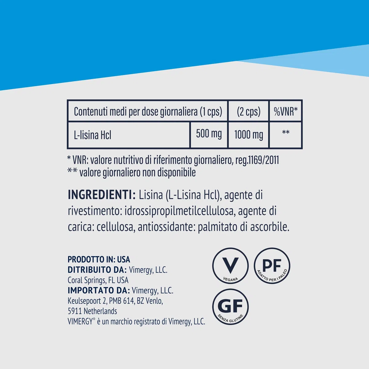 Vimergy L-Lysine 500 mg L-Lisina in Capsule, 90 Dosi – Amminoacido Essenziale – Capsula Vegana Senza Gelificanti - Senza OGM, Senza Glutine, Senza Gelatina, Kosher