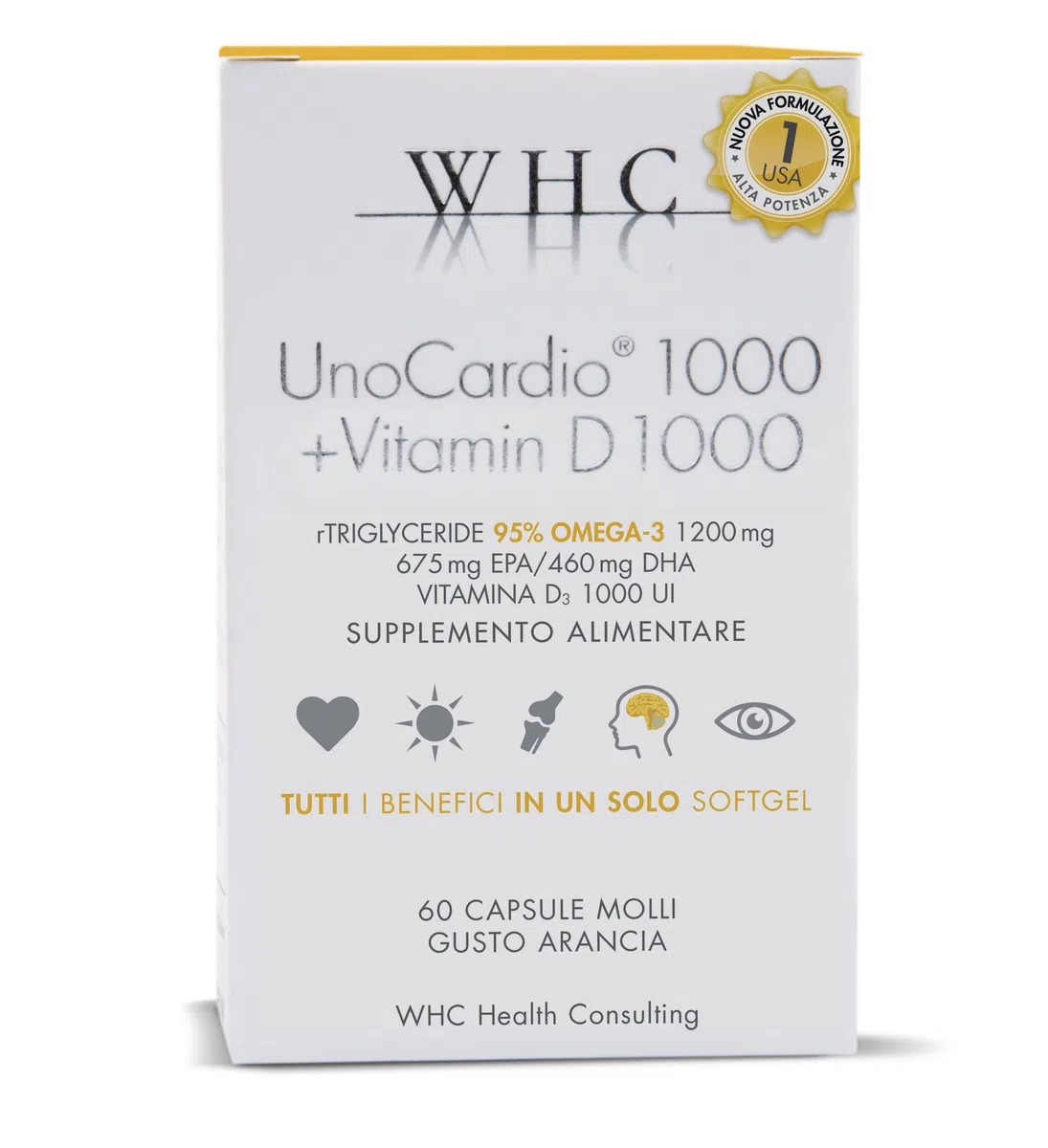Unocardio 1000 Omega 3 Concentrato al 95% + Vitamina D 1000 IU, 60 Capsule da 1200 mg estratto a Freddo, 5 Stelle IFOS
