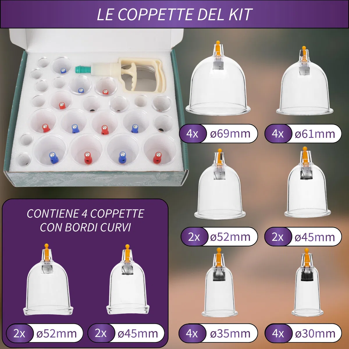 Uplife Set Coppettazione con 24 Coppette Massaggio Schiena - Per Cupping Therapy, Vacuum Terapia. Ventosa per Trattamento Cellulite e Sollievo dai Dolori Muscolari